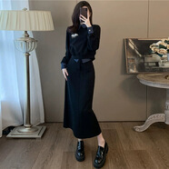 NPZ設計感輕奢刺繡套裝裙2025秋季新款假兩件衛衣半身裙兩件套 黑色兩件套 S