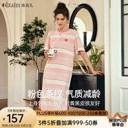 Olrain歐芮兒法式條紋短袖連衣裙女夏季新款寬松撞色開(kāi)叉通勤T恤裙子 粉色條紋 S