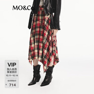 MO&Co.半身裙紅黑格蘇格蘭格紋不規(guī)則毛邊大裙擺附腰帶摩安珂 紅黑格色 S 160