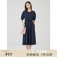 beanpole【度假連衣裙】濱波 春夏女士純色休閑淑女V領(lǐng)連衣裙 藏青色 M 165/88A