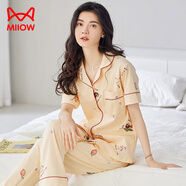 貓人（MiiOW）睡衣女士夏季純棉開(kāi)衫短袖長(cháng)褲薄款甜美夏天全棉家居服套裝可外穿 1528米色 L (建議100-120斤)