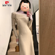 皮爾卡丹法式一字肩長袖針織連衣裙子女2025新款秋季穿搭氣質(zhì)絕美修身長裙 【卡其色】【今年流行法式氣質(zhì)名媛高端女神范輕奢 S 40/45kg