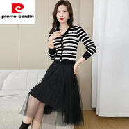 皮爾卡丹（pierre cardin）小香風(fēng)條紋V領(lǐng)針織連衣裙女秋冬新款網(wǎng)紗拼接a字板高腰打底裙氣質(zhì) 黑色 2XL 建議130-140斤