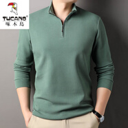 啄木鳥(niǎo)純棉立領(lǐng)長(cháng)袖t恤春秋季純色半拉鏈寬松衛衣中青年商務(wù)免燙打底衫T 7307綠色 M 165/ 建議95-120斤