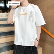 以純（YISHion）新款冰絲短袖t恤男士2025夏季薄款寬松圓領(lǐng)休閑印花體恤上衣服 6886#白色 【冰絲透氣】 薄款 M 【建議90-110斤】