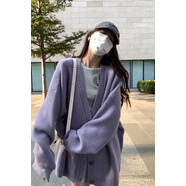 恩若凡針織開衫女寬松慵懶風單排扣2025春季韓版中長款毛衣外套上針織衫 淺紫色 [收藏加購-贈送運費險] 均碼