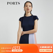 PORTS寶姿 商場(chǎng)同款新品女裝短袖拼色百褶連衣裙LL8D093KWT003 丈青 L (8)