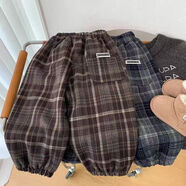 binpaw男童加絨褲子2025新款冬季兒童一體絨毛呢褲小男孩韓版格子束腳褲 棕色格子褲 140