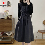 皮爾卡丹早秋穿搭套裝裙大碼女裝氣質(zhì)顯瘦假兩件修身長(cháng)袖打底學(xué)院風(fēng)連衣裙 灰色假兩件 M 建議80-100斤