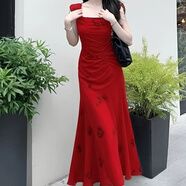 瑜尚臻品 魚(yú)尾茶歇法式紅色方領(lǐng)背心吊帶連衣裙女度假裙女夏季收腰包臀 連衣裙【紅色 M】