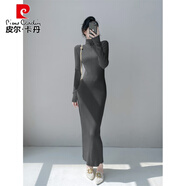 皮爾卡丹（pierre cardin）高個(gè)子超長(zhǎng)款拖地內(nèi)搭毛衣裙秋冬高領(lǐng)修身顯瘦打底包臀針織連衣裙 碳灰色 S 建議80-95體重