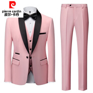 皮爾卡丹（pierre cardin）西服男套裝修身休閑英倫職業(yè)裝小西裝純色外套新郎結婚禮服六件套 西服6件套粉紅色 襯衫偏小默認大一碼