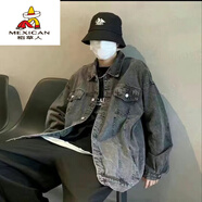 稻草人PlusSizePlusSizekg歐美高街草莓熊牛仔男女夾克帥氣高端翻領(lǐng)夾克 深灰色(下單即送運費險) M 105斤內(nèi)
