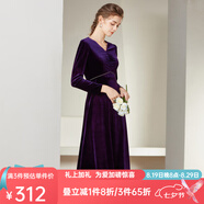 經(jīng)典故事（JANE STORY）2025復古絲絨連衣裙女春季新款修身裙子法式V領(lǐng)高貴洋氣晚禮服裙 深紫色 M