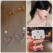 YKINCASL老鳳凰999純銀紫色珍珠流蘇耳釘長(cháng)耳環(huán)女韓國耳墜2020潮耳飾 1.紫色磚球耳環(huán)+紫色愛(ài)心長(cháng)款