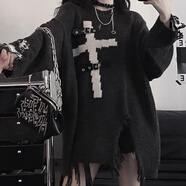 昭迅亞文化毛衣春秋千禧年風(fēng)朋克辣妹亞比穿搭皮革扣黑色十字毛衣男女 黑灰色 M 建議100-130斤