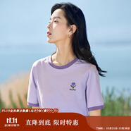 茵曼涼感撞色繡花女裝正肩短袖t恤2025夏季新品打底襯衫上衣 淡紫色 M