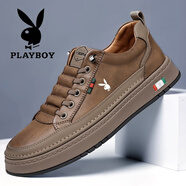 花花公子（PLAYBOY）男鞋2025新款春季商務(wù)休閑真皮運動板鞋男士百搭小白鞋子 棕色 38 【標(biāo)準(zhǔn)皮鞋碼】