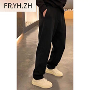 FR.YH.ZH森淼輕奢服飾男顯瘦休閑衛褲運動(dòng)褲高直筒英倫痞帥彎刀褲長(cháng)褲 黑色 M 90-110斤