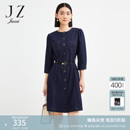 玖姿（JUZUI）仿牛仔連衣裙女裝秋款通勤OL收腰復古泡泡袖裙子 深藍 S