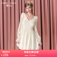 糖力【商場同款】仙氣云感花苞裙 秋新款長袖歐根紗連衣裙女 杏色 XS