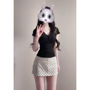 FHHUABD純欲風(fēng)黑色V領(lǐng)正肩短袖T恤女2025夏季高腰顯瘦波點半身裙 兩件套裝【連身裙/連衣裙/盛夏流行風(fēng)格/裙子/女裝 均碼 L 推薦105-115斤