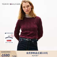 TOMMY HILFIGER【明星同款系列】秋冬女裝絞花肌理休閑通勤內搭羊毛衫毛衣 酒紅色XIH M （推薦：110-120斤）