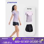 迪卡儂（DECATHLON）運(yùn)動(dòng)短褲女防走光寬松夏季外穿跑步瑜伽訓(xùn)練健身褲GYPWL T恤+短褲兩件套女款 紫紅色+黑色 M