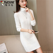 啄木鳥(niǎo)高領(lǐng)針織打底衫女秋冬新款內搭中長(cháng)款毛衣修身顯瘦包臀針織連衣裙 白色 S 建議85斤以下