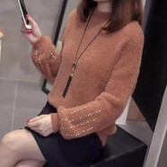 漢卿中夏貂皮絲絨針織女套頭衫串珠2025秋冬寬松針織學(xué)生外衣加厚底上衣 焦糖 (不掉毛) 加厚 L 建議105-115斤