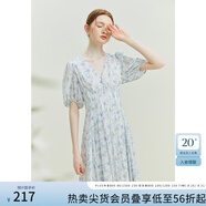 范思藍(lán)恩23FS12521茶歇法式雪紡碎花連衣裙女夏V領(lǐng)海邊度假長裙子 白底紫花 M