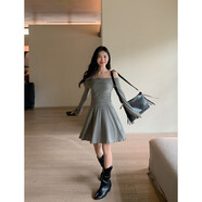 映棠MULVAN 設(shè)計(jì)感一字肩洋裝女新款韓版辣妹收腰喇叭袖a字短裙子 花紗綠現(xiàn)貨 S 均碼