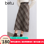 百圖betu女裝冬季新款半身裙直筒復古格紋百搭顯瘦裙子女2410D04 咖格 L