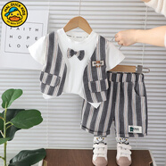 G.DUCKKIDS童裝男童套裝夏季薄款假三件兒童夏裝純棉寶寶衣服中小童短袖t恤 豎條灰色套裝+領(lǐng)結 110 建議100-110cm4-5歲