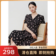敦奴（DUNNU）dunnu敦奴2024夏季新款中長(cháng)款法式V領(lǐng)印花雪紡連衣裙女 正黑色 XL