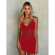 歐美ins風(fēng)V領(lǐng)系繩掛脖針織連衣裙女高腰修身性感鏤空露背一步短裙 紅色 L