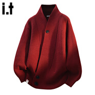 :CHOCOOLATE it高級感紅色紐扣毛衣男2025秋冬季休閑保暖針織外套 酒紅色 M 【建議90斤-105斤】