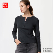 優(yōu)衣庫女裝羅紋亨利領(lǐng)T恤/長袖修身短款內(nèi)搭打底25新款479591 09 黑色 L /160/88A