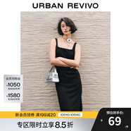 UR夏季新款女裝時尚簡約褶皺開衩無袖U領連衣裙UWG740077 正黑 S