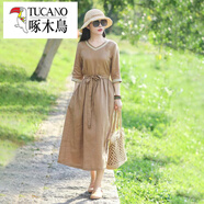 啄木鳥（TUCANO）夏季新款棉麻連衣裙文藝妹純色大擺裙寬松V領亞麻中袖A字長裙氣質 卡其色 2XL 【150-170斤】