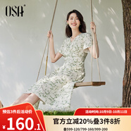 歐莎（OSA）清新V領(lǐng)碎花短袖連衣裙女夏季2025年新款輕薄收腰顯瘦裙子 杏底印花 XL