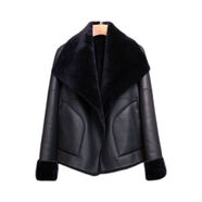 冬季新款pu皮加絨加厚短外套女大翻領(lǐng)歐貨機車(chē)款海寧美利奴夾克潮 黑色 S