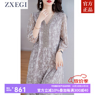 ZXEGI純色真絲連衣裙100%桑蠶絲中年女士溫柔法式氣質(zhì)高端刺繡v領(lǐng)裙子 淺灰 L (106-120斤)