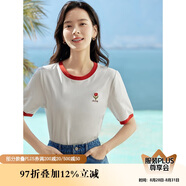 茵曼涼感撞色繡花女裝正肩短袖t恤2025夏季新品打底衫上衣 珍珠白1 S