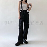 褲子女秋冬韓版ins加絨休閑直筒寬松顯瘦可拆卸背帶工裝束腳褲潮 黑色  春夏秋款 S