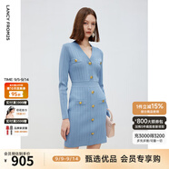 朗姿小香風(fēng)針織連衣裙雙色v領(lǐng)收腰包臀裙2025年春季新款氣質(zhì)裙女 霧霾藍色 XL