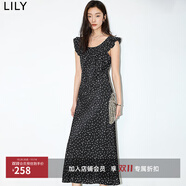LILY夏新款女裝浪漫碎花荷葉邊領復古氣質修身長款無袖連衣裙 510黑 S
