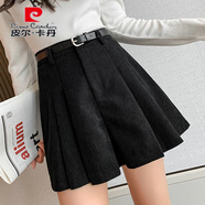 皮爾卡丹（pierre cardin）燈芯絨休閑短褲女秋冬2025新款卡其外穿高腰顯瘦a字裙褲闊腿靴褲 黑色無(wú)腰帶 XS 70-80