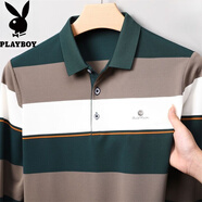 花花公子（PLAYBOY）2025新款秋季長(cháng)袖T恤男翻領(lǐng)條紋寬松polo衫中年爸爸商務(wù)休閑上衣 907綠色 M 165 適合95-115斤