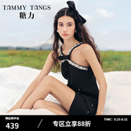 糖力【商場(chǎng)同款】掛脖小黑裙輕禮服女珍珠亮片點(diǎn)綴無(wú)袖露肩連衣裙 黑色 L